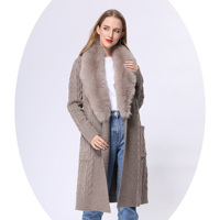 Janefur Pulls en fourrure grande taille pour femmes Style long tricoté en laine Mode ceinturé Col en fourrure de renard Cardigan