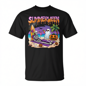 T-shirt d'Halloween unisexe pour adulte Summerween Skeleton Ghost Beach, 100% coton, design drôle et effrayant - Product Image 2