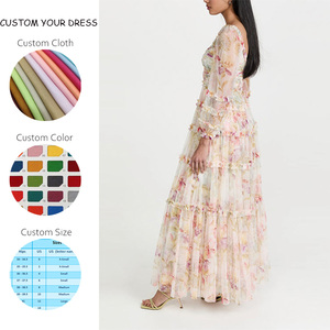 Abito da donna <span class=keywords><strong>in</strong></span> Tulle Nylon per donna con stampa floreale a manica lunga produttori di abbigliamento con volant elegante scollo a V logo personalizzato Bloom - Product Image 2