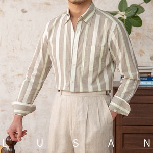 Trois minces rayures coton sergé 100% respirant <span class=keywords><strong>chemise</strong></span> à manches longues <span class=keywords><strong>bouton</strong></span> <span class=keywords><strong>caché</strong></span> col pointu Gentleman décontracté - Product Image 5