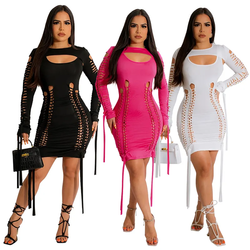 CY900535 Tight long sleeve dress hollow out bandage dress fashion sexy hip wrap dresses