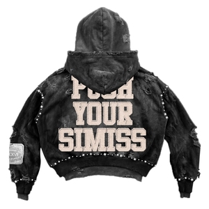 Conjunto de Sudadera con Capucha Corta y Pantalones de Chándal de Algodón Desgastado con Cremallera, Bordado de Pedrería Personalizado y Estampado Holgado para Hombre, Estilo Streetwear OEM - Product Image 4