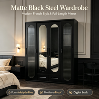 Armoire de chambre à coucher moderne en métal avec portes miroir, étagères et tiroirs