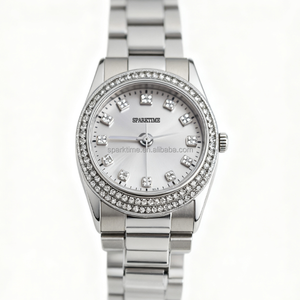 Reloj mecánico de lujo para mujer con bisel incrustado de doble diamante reloj de pulsera de acero inoxidable resistente al agua para mujer OEM al por mayor - Product Image 1