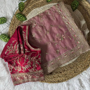 Sari Listo para Usar de Georgette con Bordado RICH ELEGANT y Trabajo de Corte MEENA con ZARI/Hilo, para Mujer, de Gujarat, de Dhwaja Export - Product Image 1