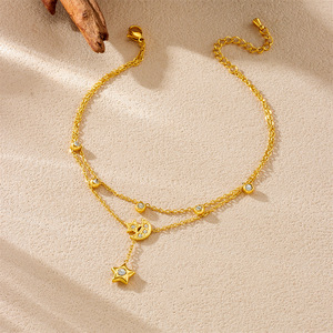 <b>Moon</b> Star Drop Double Layer Anklet Stainless Steel Gold Tone Paved <b>Crystal</b> Crescent Charm Round Rhinestone Bead Women Jewelry - Product Image 4