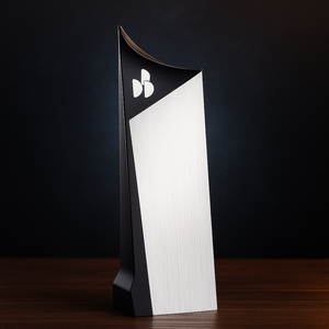 Trophée de récompense en cristal biseauté asymétrique élégant <span class=keywords><strong>APEX</strong></span>, schéma de couleurs noir et argent, trophée commémoratif avec base incurvée - Product Image 1
