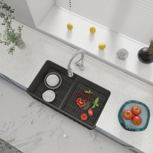 Évier de cuisine en céramique blanc de 33 pouces, double bac, style ferme, avec façade en argile réfractaire, profond - Product Image 3