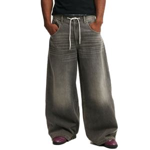 กางเกงยีนส์ทรงขาบานสีเทาเข้มสไตล์วินเทจ Y2K ลุคสตรีทแวร์ ดีไซน์ล่าสุด แต่งเชือกผูกเอว ทรงสเก็ตบอร์ด  แบบสั่งทำพิเศษสำหรับผู้ชาย - Product Image 1