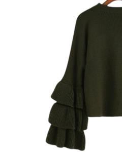 Suéter Corto de Punto al por Mayor, con Capas, Volantes, Manga Campana, Cuello Redondo, Suave, Cálido, Informal, para Invierno, Color Verde Oliva, para Mujer - Product Image 3