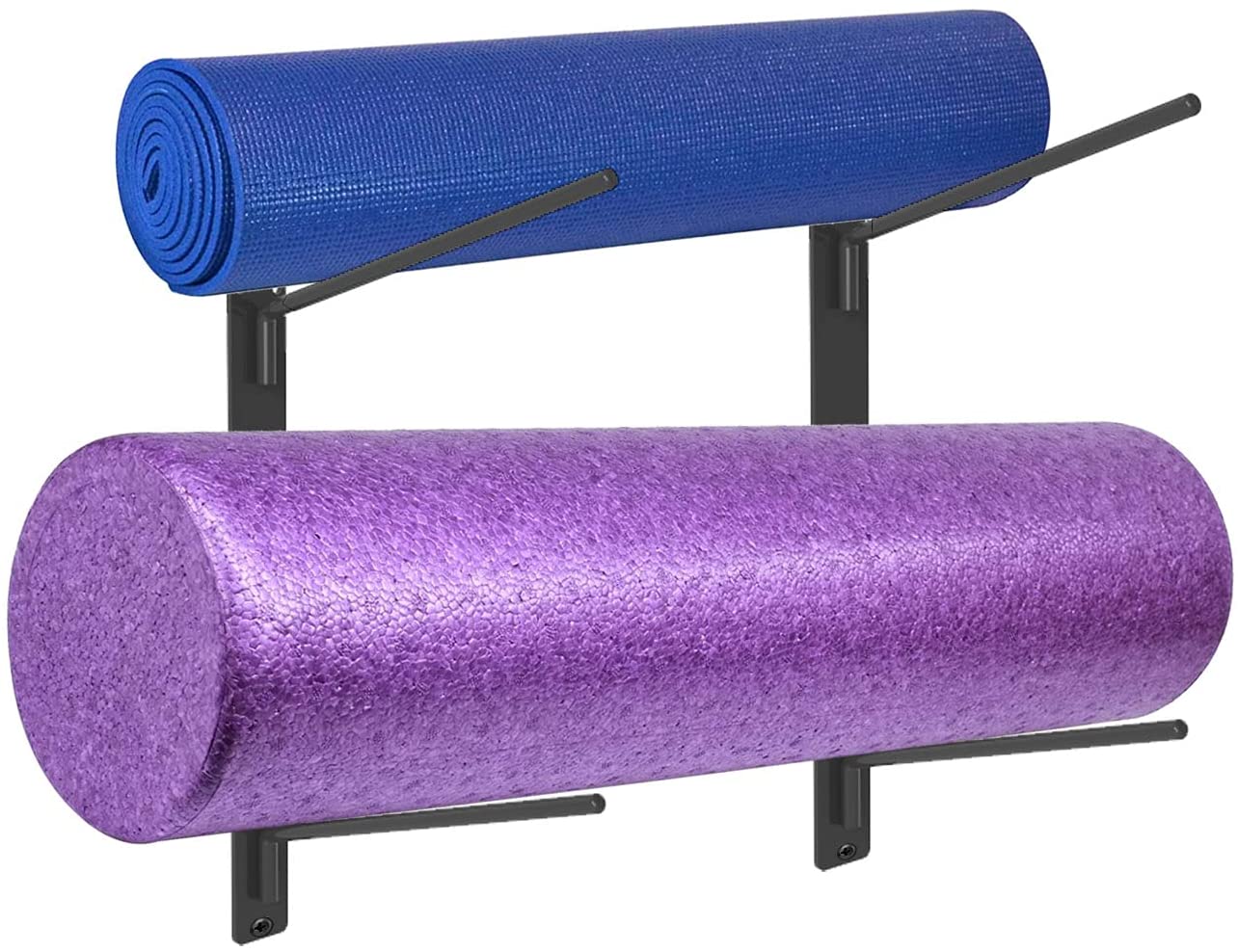 VINAEMO Supporto per tappetino da yoga, accessori da parete, organizer per riporre oggetti con rullo in schiuma e asciugamano con 4 ganci e ripiani in legno, tappetini da yoga, fasce di resistenza