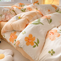40s Coton 4 pièces Cute Cartoon Flower Duvet Cover Sheet Flat Sheet Set AB Side Reversible Use for Adults