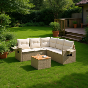 Beige Rattan Garden <b>Sofa</b> Set With <b>Side</b> <b>Tables</b> 6 Seater Outdoor Furniture Contemporary Design - Product Image 2