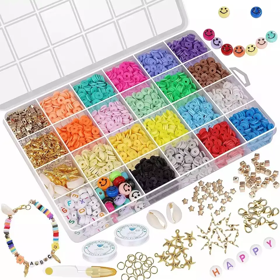 Mixed color for heishi polymer clay beads for DIY kids bracelet making beads set with golden color charm for jewelry making