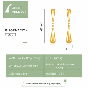 Boucles d'oreilles doubles en forme de goutte d'eau en acier inoxydable plaqué or 14 carats avec chaîne à billes et fermoir à tige de 40 mm, bijoux pour femmes - Product Image 2
