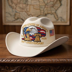 Chapeau de cowboy vintage style western USA, broderie Aigle Cloche de la Liberté, drapeau, 250e anniversaire, style patriotique, casquette de cowboy en feutre - Product Image 4