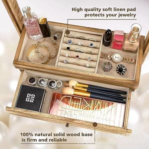 Wooden Jewelry Storage <b>Box</b> With Mirror Single Layer Drawer <b>Makeup</b> Organizer Desktop Organizer For Jewelry And Accessories - Product Image 4