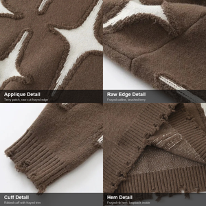 Hip Hop Distressed Knit Jumper <b>Brown</b> Crew Neck Contrast Graphic Ribbed Hem Long Sleeve Streetwear Custom Wholesale Factory - Product Image 3