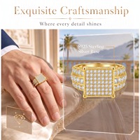 Maßgefertigter Vollmond-Stern-Set Moissanit Quadratischer Breiter Ring 18K Vergoldetes Sterling Silber Vintage Hochwertig Luxuriös für Festliche Anlässe