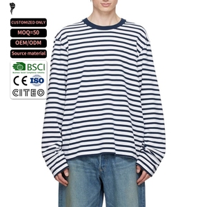 Custom Vintage Heavyweight <b>Men's</b> Long Sleeve <b>Shirts</b> Crew Neck Oversized <b>Stripes</b> <b>T</b>-<b>shirt</b> - Product Image 1