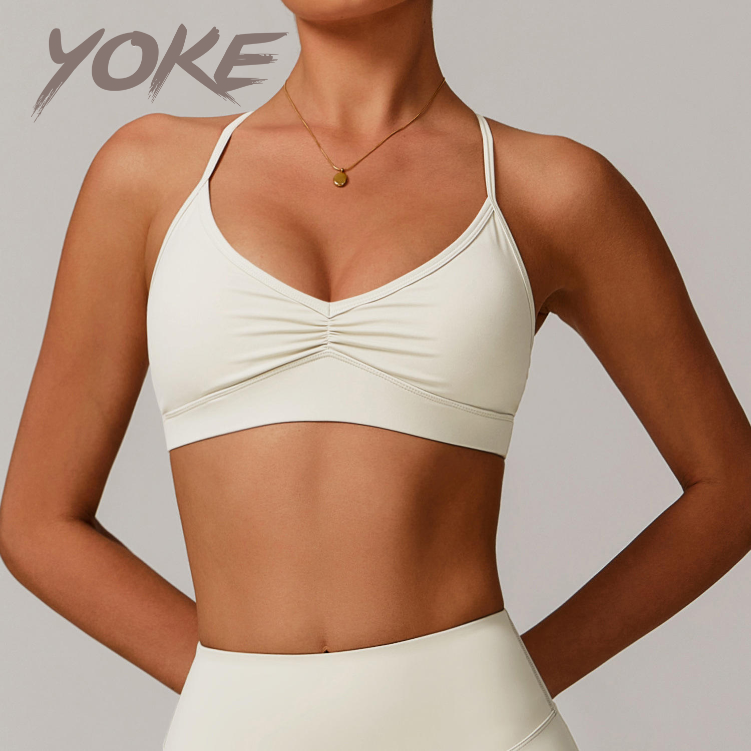 YOKE Custom New Design V Neck Seamless Sports Bra for Women Yoga Workout Fitness Shockproof Cross Back Push up Yoga Activewear