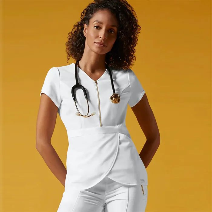 White Women Zipper Front Tunic Medical Scrub Beauty Salon Spa Uniform Customized Woven Surgical Uniform Hospital Uniforms