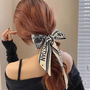 ZD ikat rambut gaya Korea bermotif, tali ikat dengan pita perempuan, aksesori rambut simpul elastis