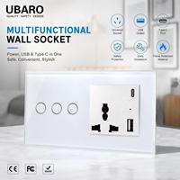 UBARO 146 Temperli Cam Dokunmatik Anahtarlı Evrensel Duvar Prizi USB A Tip C 5V 2100mA Portlu Duvar Güç Çıkışı Ev ve Otel İçin