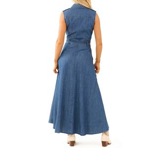 Vestido Maxi Vaquero Sin Mangas de Corte Holgado Más Vendido, Lavado Medio, con Botones y Lazo en la Cintura - Product Image 3