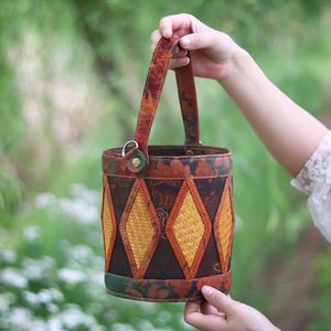 Bamboo Woven Bucket Bag With Diamond Pattern Vintage Style Crossbody Bag For Women All Seasons Water Resistant - Product Image 2
