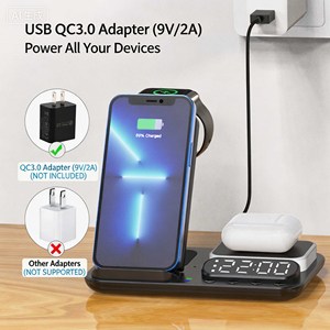 แท่นชาร์จเร็วแบบพับได้ 15W 4 in 1 สำหรับหลายอุปกรณ์ พร้อมนาฬิกาปลุกดิจิตอลและไฟกลางคืนสำหรับสมาร์ทโฟนและสมาร์ทวอทช์ - Product Image 5