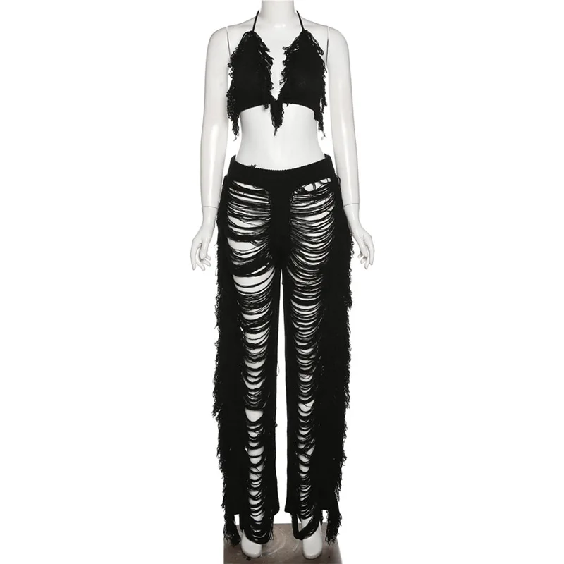 2022 Summer Clothes Wholesale Fashion New Arrivals Woman Sexy Hollow Out Destroy Fringed Pants Trousers