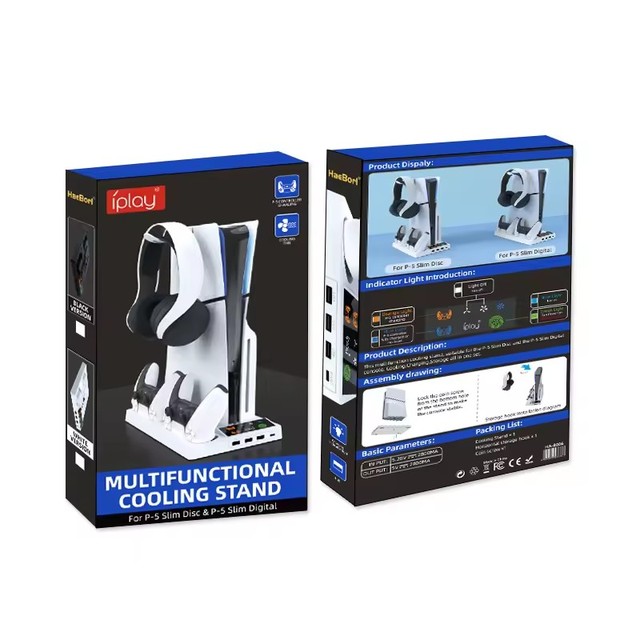 HA-8006 Multifunctional Cooler for PS5/PS5 Slim Console Cooling Stand Dual Charging Dock Station Headset Hook RGB Light