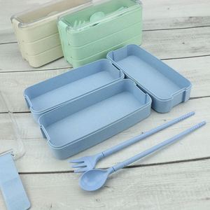 Wheat Straw Grade Material Leak Proof 3 Layer Container Food Plastic Bento Student Lunch <b>Box</b> With Spoon and Fork - Product Image 3