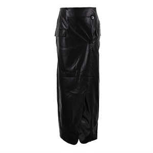 <span class=keywords><strong>Jupe</strong></span> <span class=keywords><strong>longue</strong></span> en similicuir PU noire pour femme, style portefeuille boutonnée avec fente, idéale pour le bureau - Product Image 2