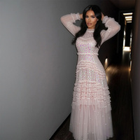 Robe longue de soirée pour femmes, occasion spéciale, robe longue à sequins et dentelle, motifs floraux, manches longues, rose rouge, robe maxi