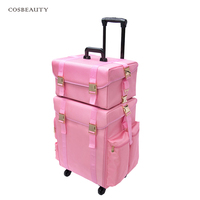 KONCAI Trousse de maquillage à roulettes en nylon rose pour bébé Bagages de voyage Organisateur de cosmétiques Boîte de beauté