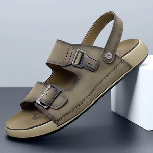 Sandales pour hommes en cuir véritable, à double usage, avec boucle réglable, bout ouvert, chaussures de plage décontractées, antidérapantes - Product Image 4