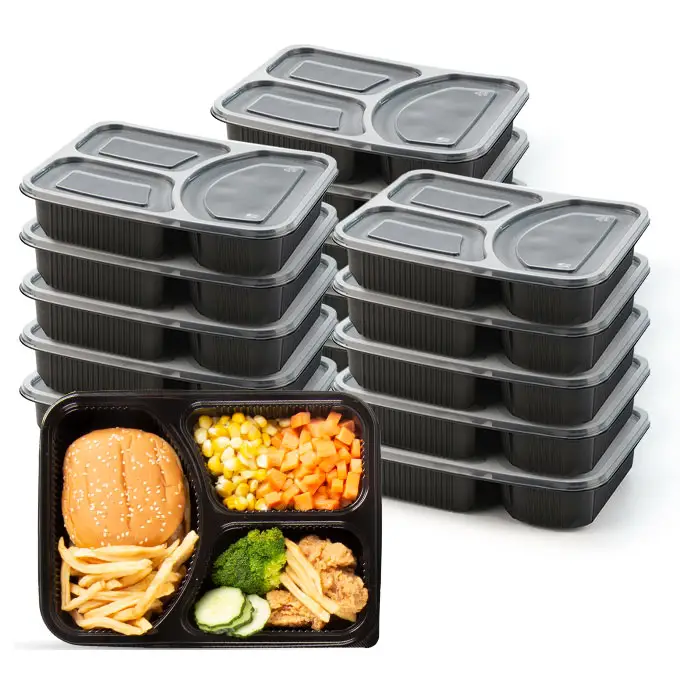 Usine En Gros 3 Compartiments À Emporter Boîte D'emballage Micro-ondes Sûr Pp En Plastique Divisé Conteneurs Alimentaires Avec Couvercles