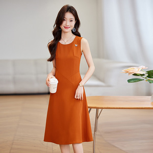 Stylish Simple Mid Length Dress For Women O Neck Sleeveless A Line Solid Color Off White Career Dress Spring Summer 2025 Korean - Product Image 3