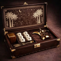 Boîte à desserts de luxe Ramadan, boîte d'emballage haut de gamme en cuir bleu marine pour tasses à café et dattes, boîte cadeau pour thé avec broderie palmier et fermoirs métalliques