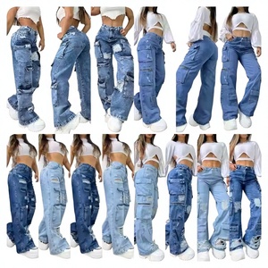 Pantalones Vaqueros <span class=keywords><strong>Cargo</strong></span> de Moda al por Mayor para <span class=keywords><strong>Mujer</strong></span>, de Color Liso, Talla Grande, de Cintura Alta, con Múltiples Bolsillos, Informales, de Mezclilla - Product Image 1