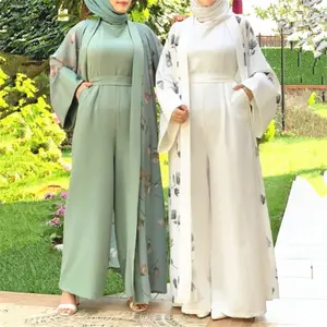 Custom Islamic Clothing Two piece Pants Set Wholesale Femme Musulmane Print Open Abaya with Jumpsuits