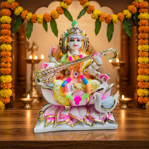 รูปปั้นฝ่่นหินอ่อน saraswati | งานฝีมือดีไซน์แบบดั้งเดิมเทพธิดา saraswati ไอดอลกับ veena สำหรับตกแต่งบ้านและของขวัญ - Product Image 3