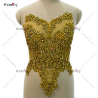 WDP-295 Applique de mode en strass de cristal à coudre, patch de dentelle bijou pour corsage, robe de mariée à col en V pour robes de mariage