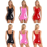 Damen Tankkleid aus Wet-Look-Lackleder, Clubwear, ärmellos mit breiten Trägern und Metallclips