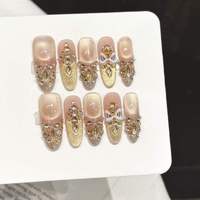 Faux ongles à presser faits main en amande, 10 pièces, ABS, rose nude brillant, motif léopard avec strass, ongles français noirs