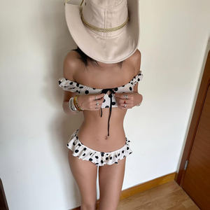 <b>Women</b> <b>Black</b> White Polka Dot Strapless <b>Shorts</b> Set Sexy Bandeau Top Ruffle Low Waist <b>Shorts</b> Two Piece Slim Fit Fashion Set - Product Image 5