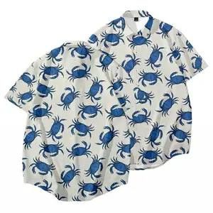 Fashion Mens Short Sleeve Lapel Shirt Size XS-4XL Casual Sea Crab 3D Printed Mens Shirt Beach Loose Male Top with Pockets