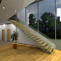 Escalier flottant intérieur préfabriqué avec garde-corps en verre, construction durable en acier et bois, escaliers ouverts personnalisés